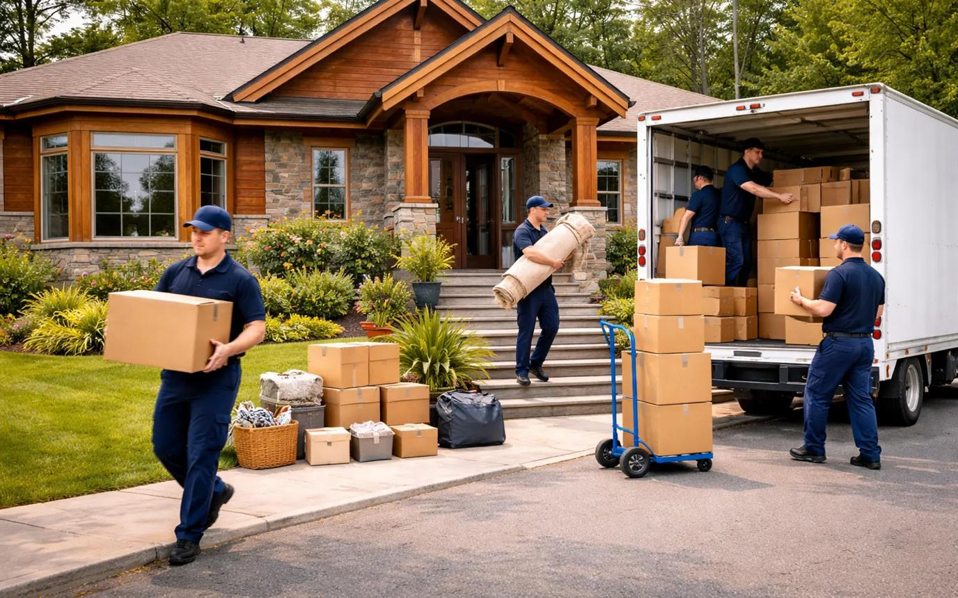 Moving crew loading boxes into a moving truck